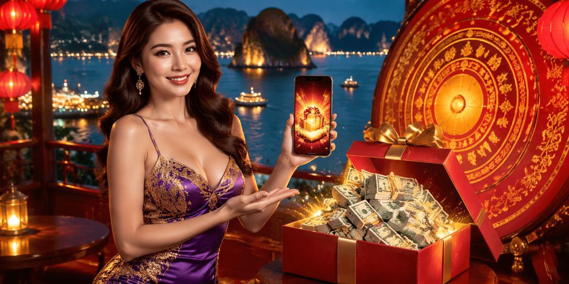 Người dùng chơi casino trên điện thoại di động với phong cảnh Hạ Long Bay Việt Nam