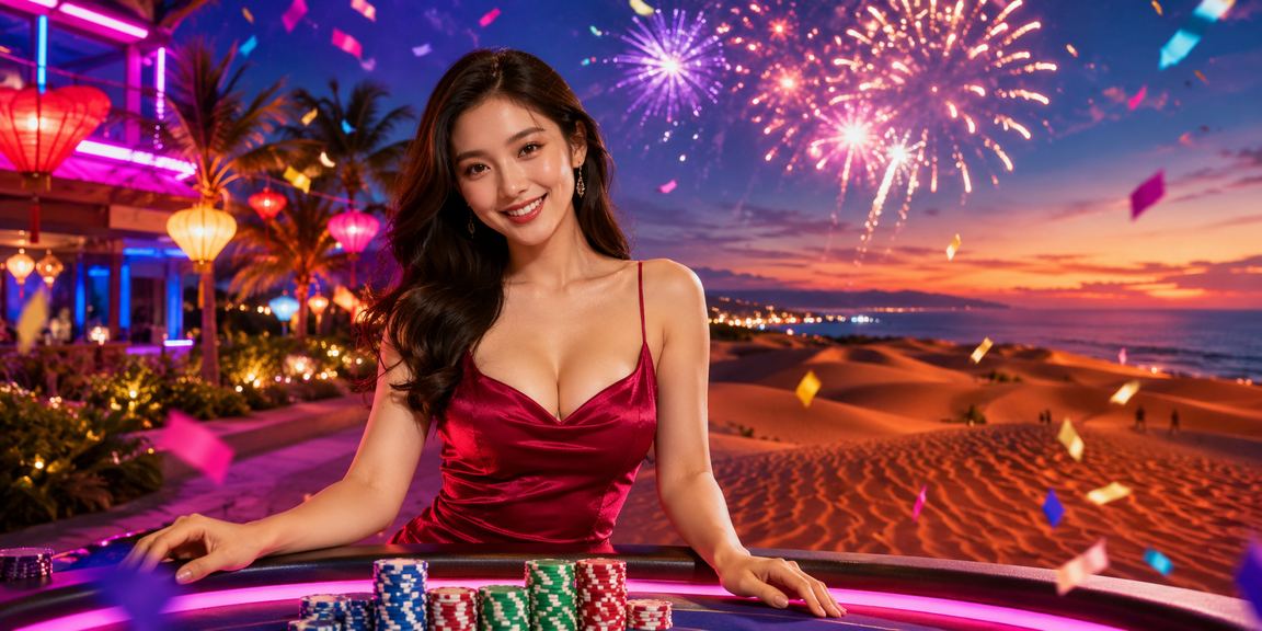 Giao diện đăng ký tài khoản và nhận thưởng chào mừng tại Mũi Né với ánh đèn neon rực rỡ